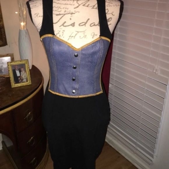 STUNNING BLACK WITH BLUE LEATHER DRESS - Picture 2 of 6